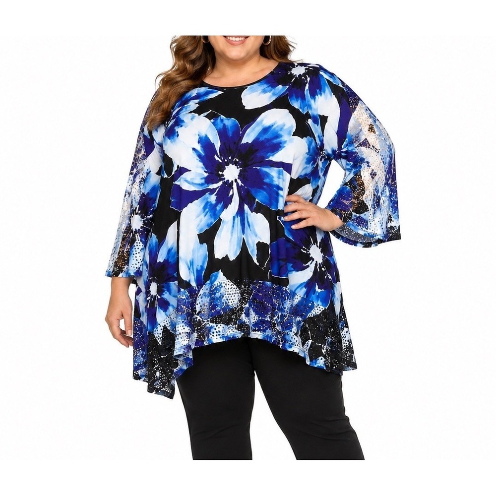 Jess &‎ Jane 2X Blue Floral Print Tunic Top Crochet Hem 3/4 Sleeve